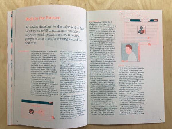 A double page spread of Strike Issue #9, a riso-printed magazine. The pages feature four columns of teal text, with fluorescent orange headings. In the corner of each page there are some simple illustrations: One of a traditional MSN Messenger dialogue box, one of a modem dial-up and 'MySpace Tom', edited in the two-tone style of the magazine.