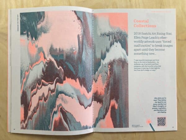 A double page spread of Strike Issue #9, a riso-printed magazine. One of Ellen Page Leach's digital images sits across the centre of the two pages, fully covering the left page and half-covering the right page. It is a digital image, with cascading lines in various bright colours to achieve the visual effect of deliberate distortion. The header text on the right page at the top reads 'Coastal Collections' in fluorescent orange. The body text is teal.