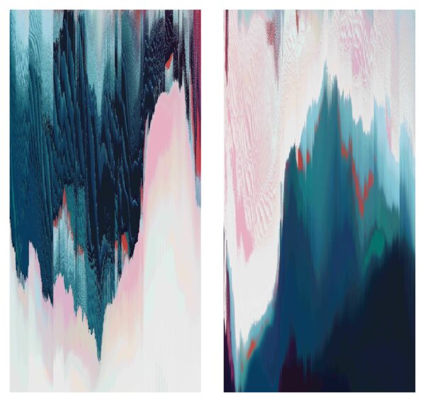 A piece of fine art by Ellen Paige Leach. It is a digital image, a diptych with cascading lines in various bright colours to achieve the visual effect of deliberate distortion.