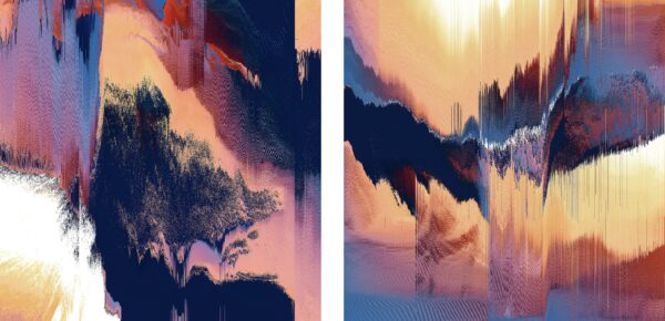 A piece of fine art by Ellen Paige Leach. It is a digital image, a diptych with cascading lines in various bright colours to achieve the visual effect of deliberate distortion.