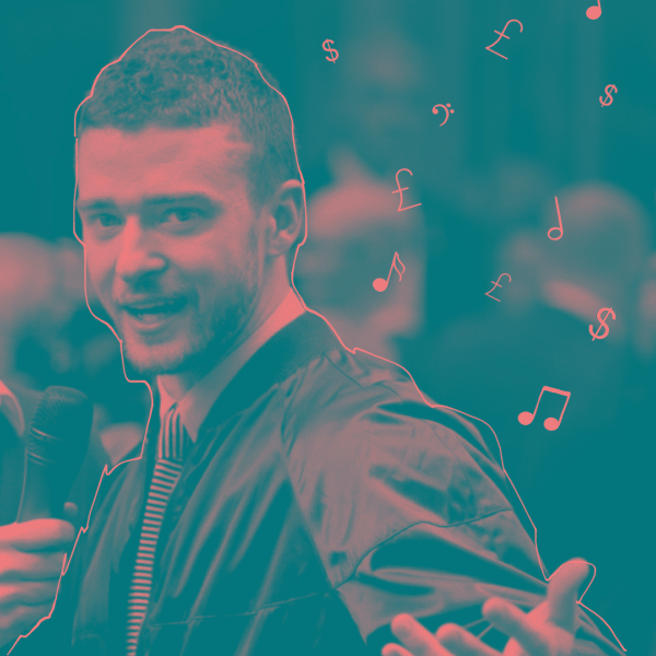 An image of Justin Timberlake holding a microphone. The image has been edited so that it only has two tones: fluorescent orange and teal. Music note icons surround the space around Justin Timberlake's head, along with pound and dollar signs.