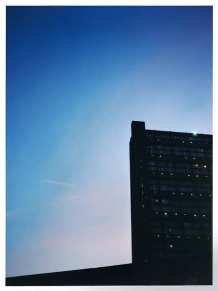 A photograph of Trellick Tower, London at twilight shot on film by Lily Bertrand-Webb